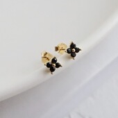 四叶草S925纯银镀18K金黑锆石耳钉精致小巧养耳朵夏天耳饰女