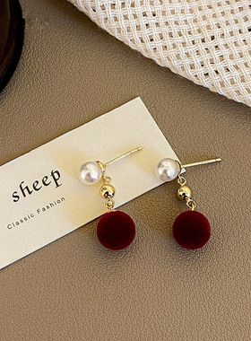 一念 925纯银复古红色植绒小提灯耳钉女法式轻奢爆款耳饰