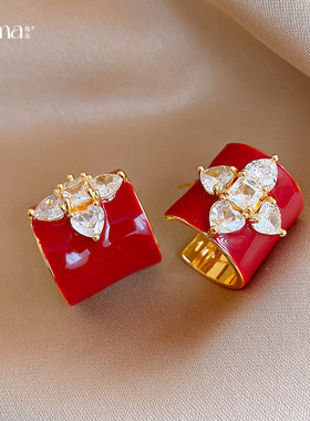 18k真金电镀银针红色滴油锆石花朵耳钉复古风耳环轻奢感耳饰