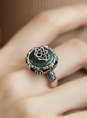 925银新中式莲花平安扣开口戒指