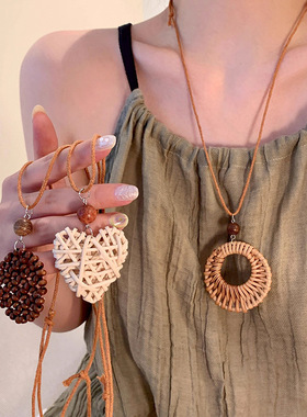 波西米亚民族风手工藤编吊坠项链女夏长款配裙子颈链海边度假配饰