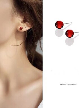 一念 999足银石榴石耳钉女2025年新款爆款气质个性红色耳饰品