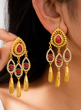 欧美跨境红色树脂水滴流苏耳钉时尚气质百搭耳环轻奢感耳饰女