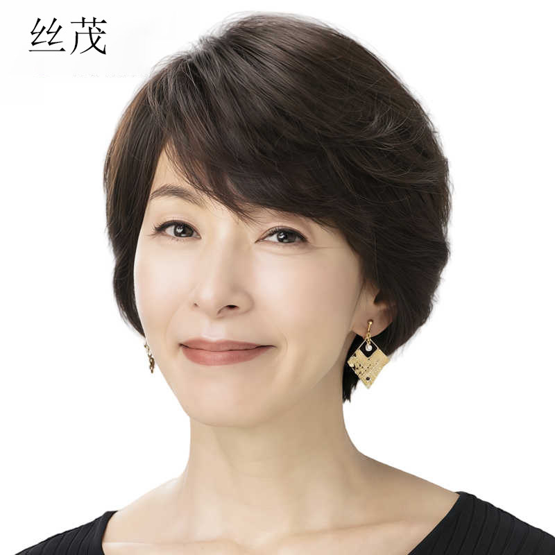 全手织假发整顶女士真人发丝短发真发中老年妈妈款假发套分缝头皮
