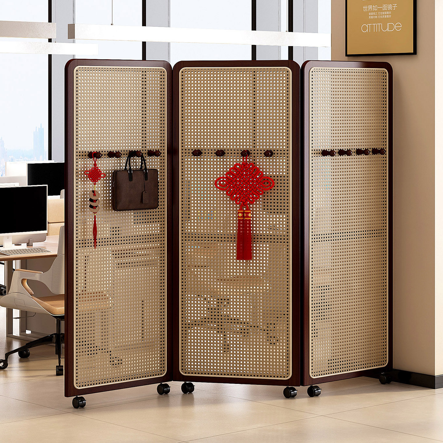 藤编屏风隔断折叠移动带轮子家用客厅办公室酒店装饰遮挡茶室座屏