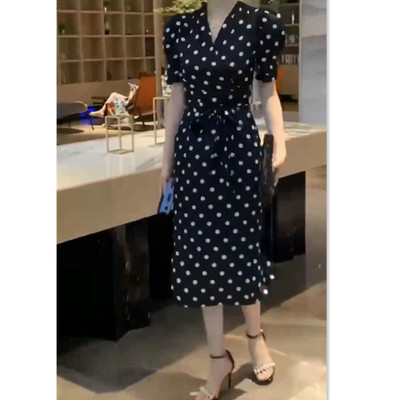 22506大爱美依缘2023夏季新款波点显瘦修身中长款连衣裙V领时尚女