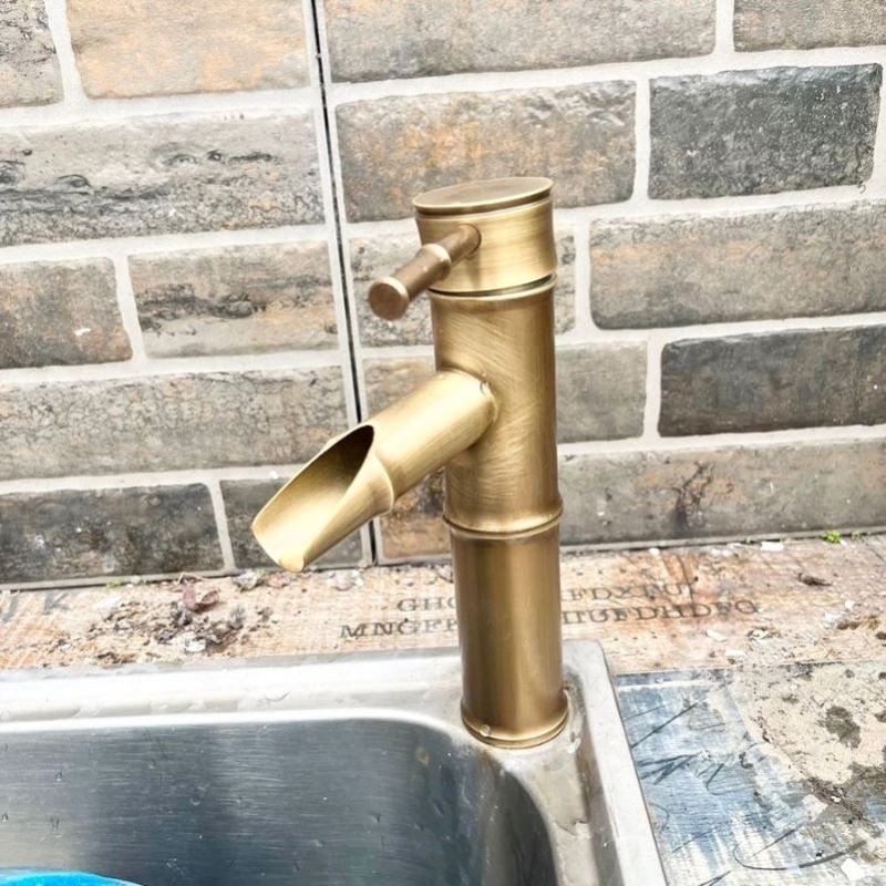 庭院户外欧式台上盆洗手盆洗面盆全铜仿古龙头水龙头竹节冷热