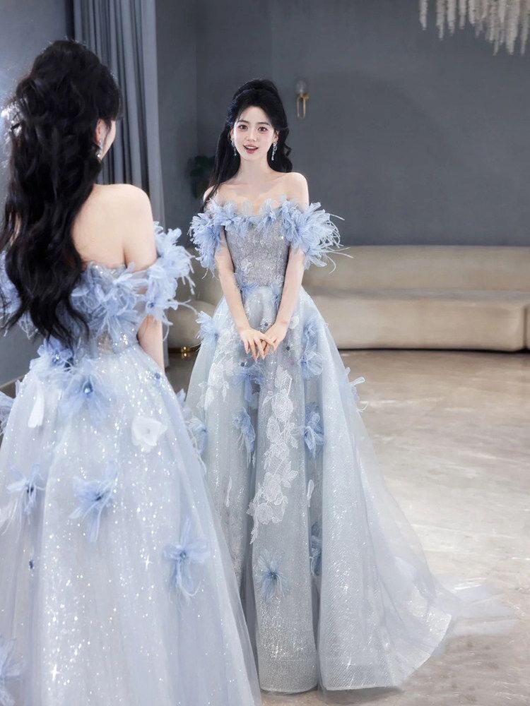 出租蓝色晚礼服裙女高级感轻奢小众气质生日宴会成人法式主持人图片