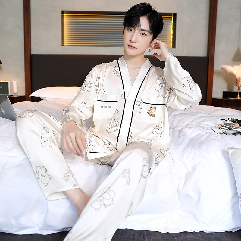 新款春秋季睡衣长袖冰丝休闲家居服薄款高级感丝绸男士青少年套装