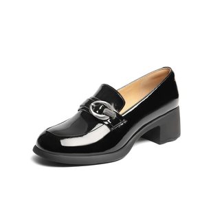 深口单鞋 百丽粗高跟乐福鞋 黑色小皮鞋 新款 子B2689CM5 女2025秋季