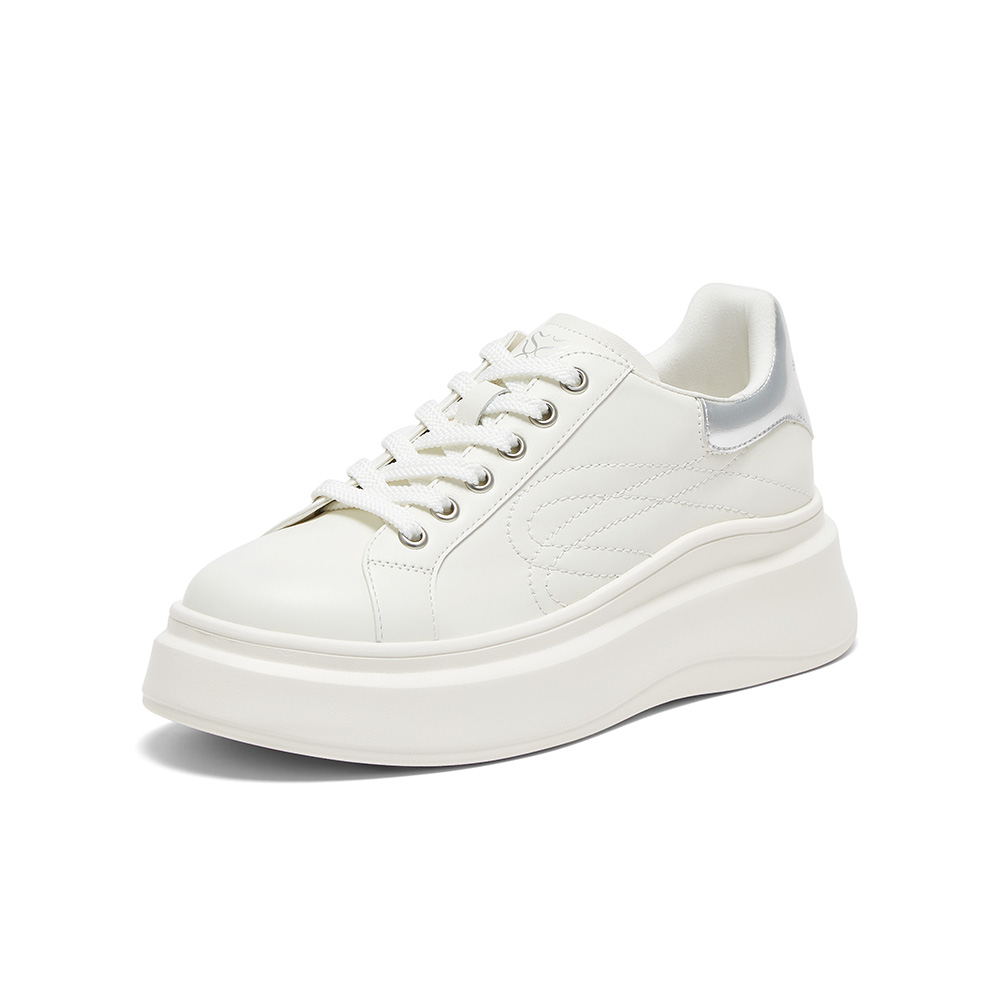百思图2025春季商场新款牛皮松糕厚底小白鞋女运动休闲鞋UNB01AM5