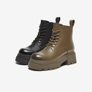 百思图24冬商场新款 牛皮厚底马丁靴小个子女加绒短靴BF373DD4