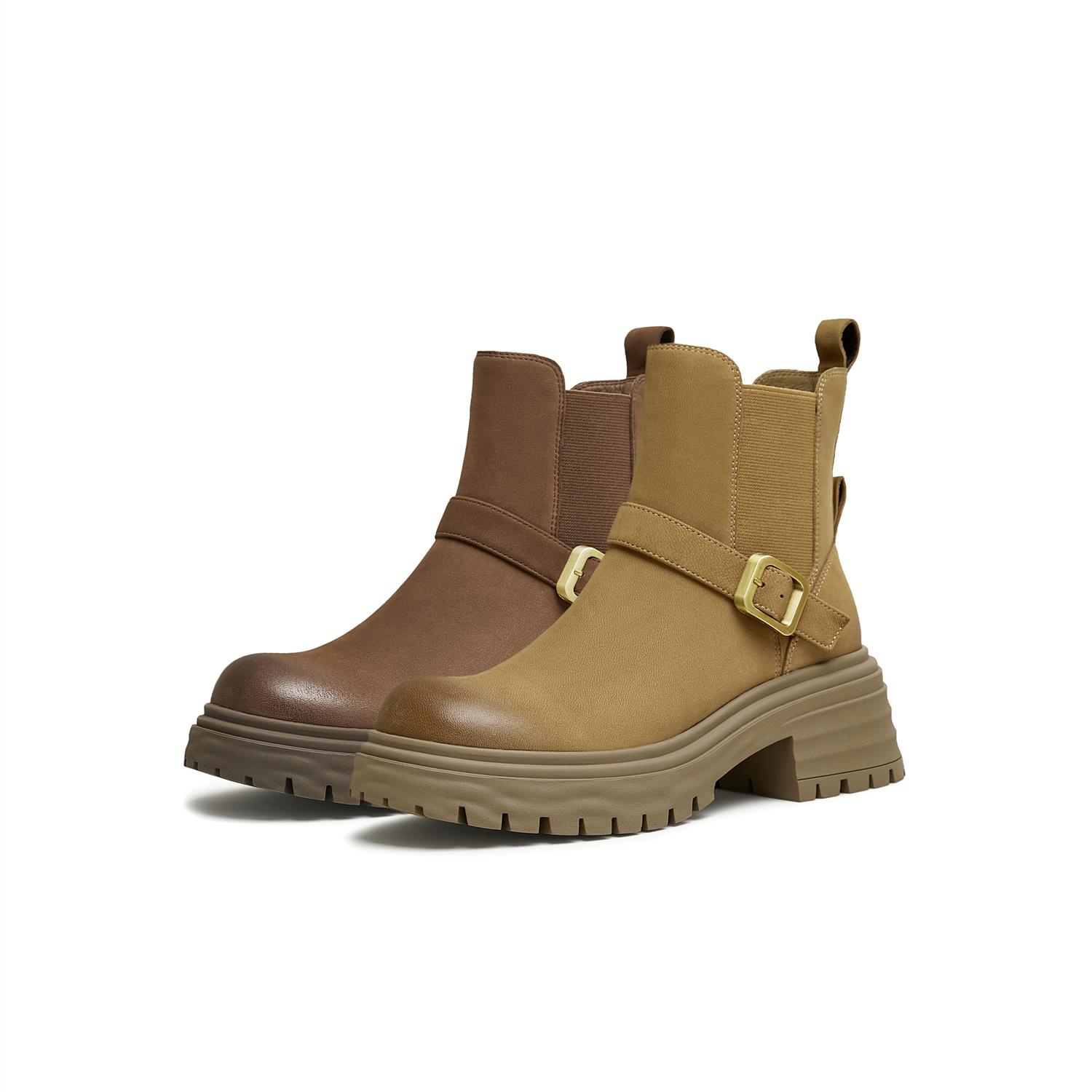 天美意复古厚底切尔西靴女休闲短靴皮靴子2024冬新款BK041DD4