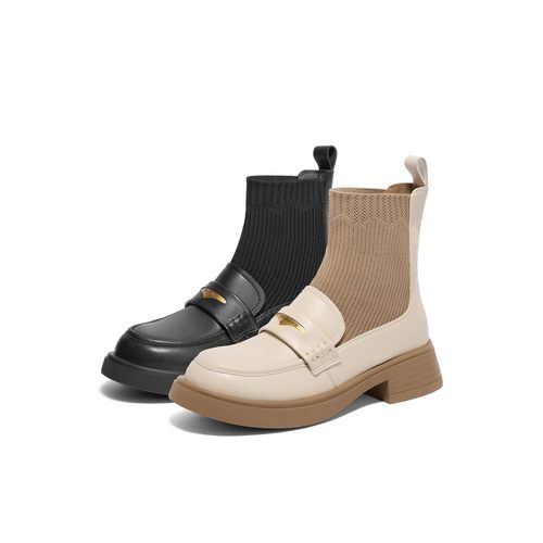 百丽Belle女鞋子乐福鞋短靴袜靴子24冬季真皮黑色小皮鞋B8T1DDD4