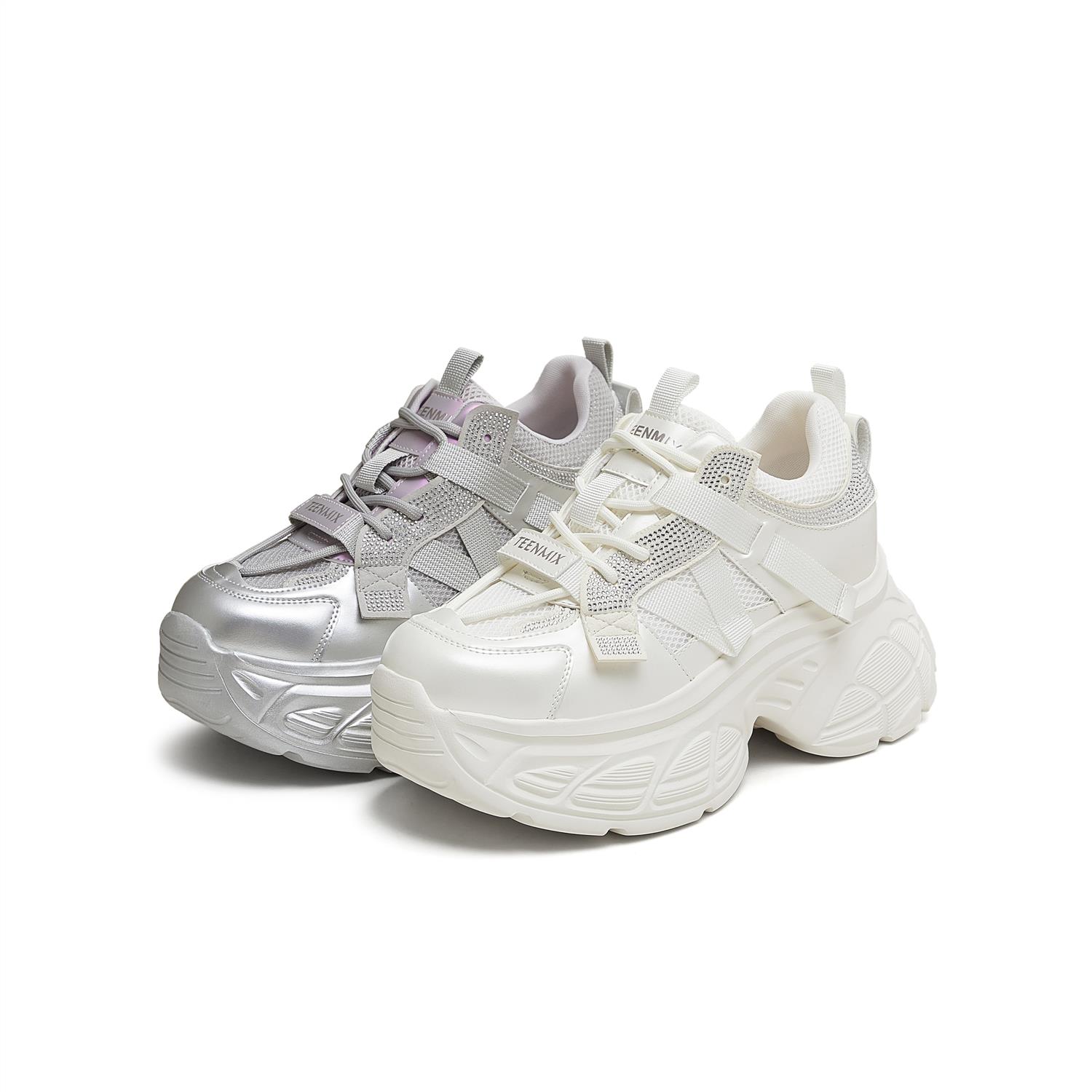 天美意25秋闪钻厚底老爹鞋银色运动鞋女鞋子小白休闲鞋KD119CM5