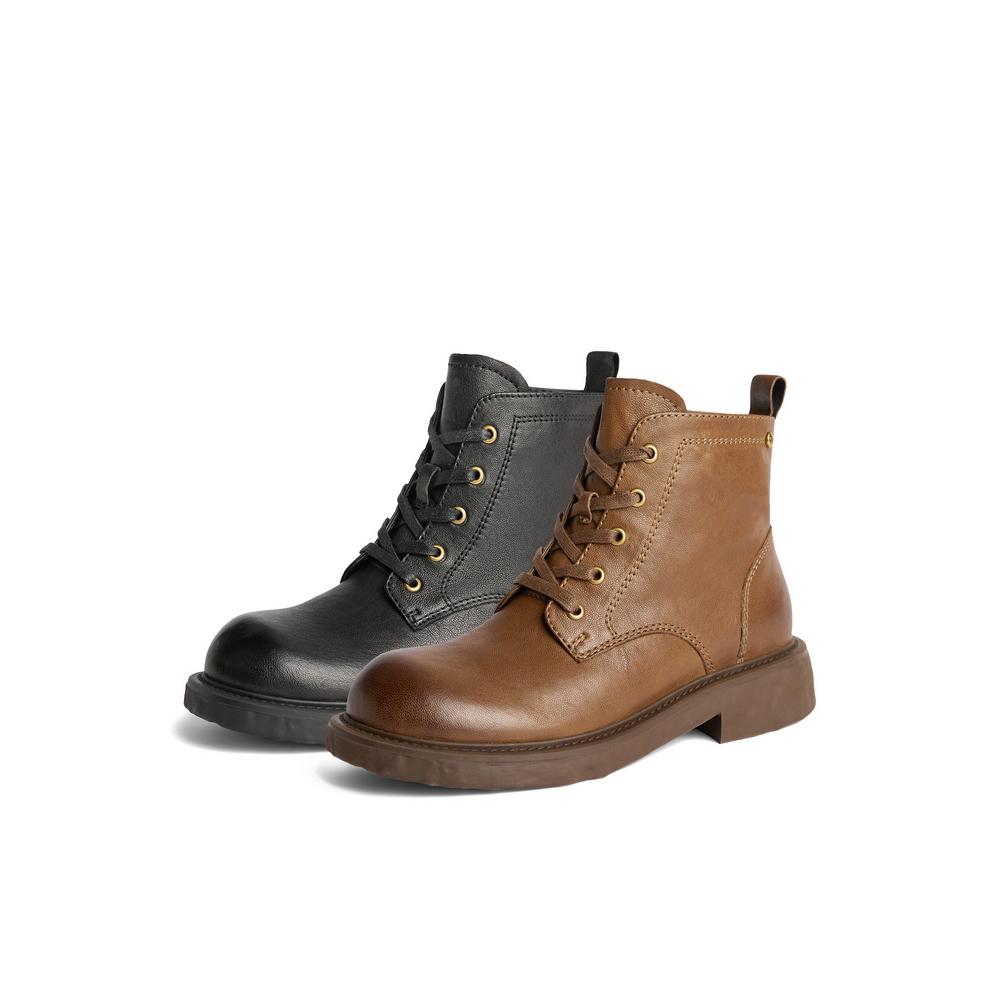 百丽Belle女靴子24冬新款黑色真皮粗跟短筒美拉德马丁靴B2139DD4