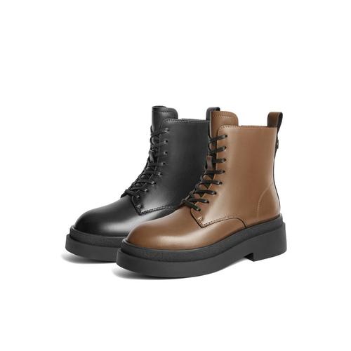 百丽Belle女靴子24冬加绒厚底英伦风短靴黑色马丁靴女鞋B9M1DDD4