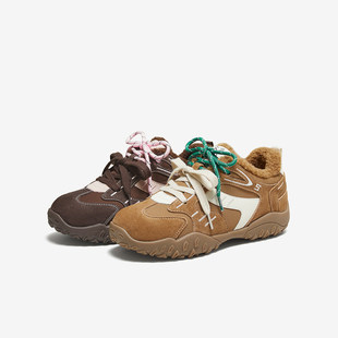 百思图鬼马少女25冬真皮厚底德训鞋 D3591DM5 加绒保暖女运动休闲鞋