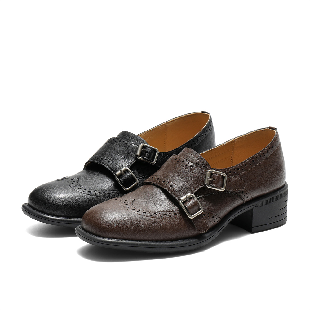 森达乐福鞋女2025秋季新款布洛克复古粗跟休闲单鞋ZTH23CA5