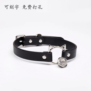 猫咪铃铛项圈女定制刻字皮革choker黑色粉色可爱