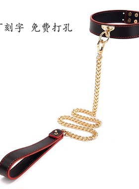 真皮项圈女m定制刻字高级黑色圆环锁链项圈狗狗脖套puppy牵引绳