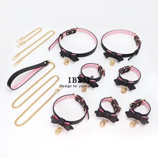 蝴蝶结皮革项圈腿环手脚环女m定制刻字puppy牵引套装 可爱铃铛