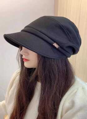 黑色鸭舌帽子女秋冬百搭短檐时尚马术帽保暖休闲显脸小堆堆渔夫帽