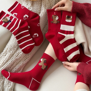 大红色本命年袜子女款秋冬季纯棉中筒袜2026马年属马新年礼物长袜
