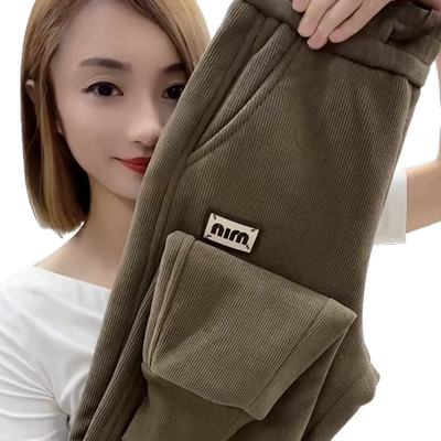 加绒加厚休闲裤女秋冬季新款高腰卫裤百搭保暖妈妈裤子束脚哈伦裤