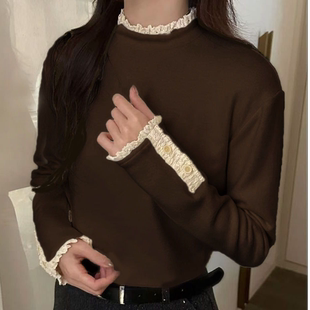 德绒半高领打底衫女2025秋冬季新款加绒保暖修身显瘦拼接花边上衣