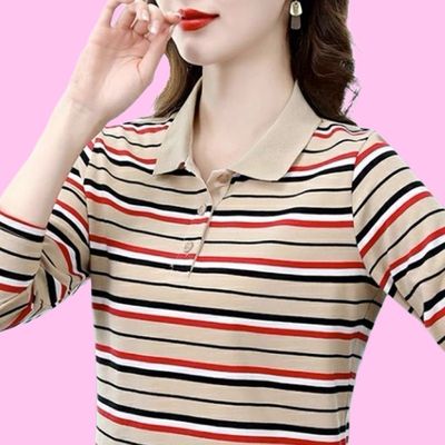 长袖T恤女2025春秋季新款时尚百搭条纹显瘦妈妈装洋气减龄Polo衫
