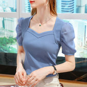 休闲显瘦百搭女士时尚 冰丝t恤女夏装 上衣服 体恤衫 泡泡袖 新款 短袖