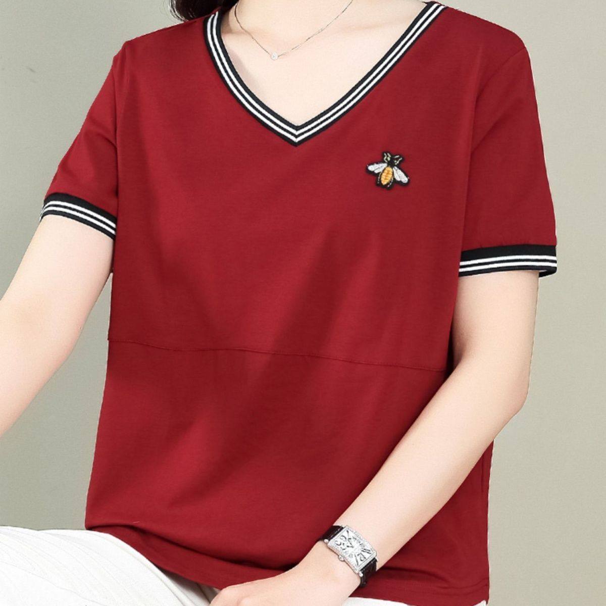 短袖t恤女夏季新款时尚V领体恤衫宽松显瘦妈妈装洋气减龄刺绣上衣