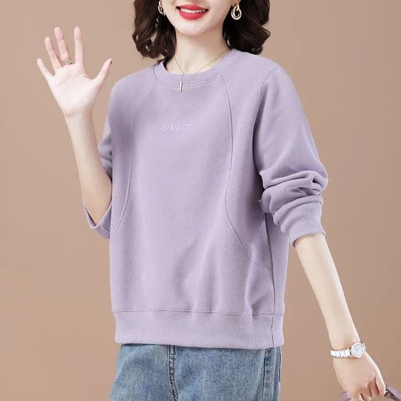 紫色圆领刺绣卫衣女2025秋冬新款时尚减龄妈妈装宽松遮肉打底上衣