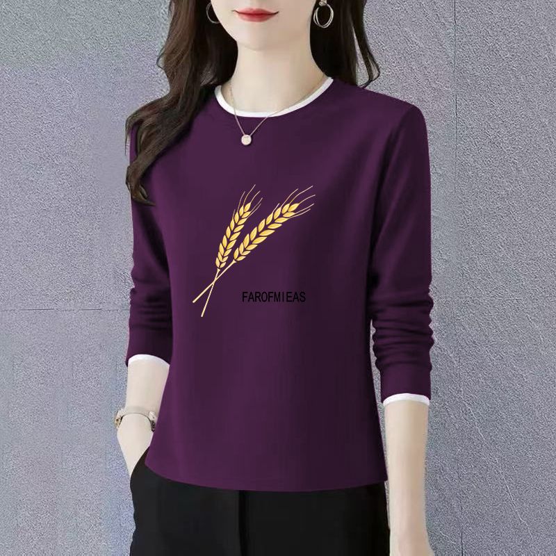 长袖T恤女2025春秋装新款宽松圆领纯棉打底衫显瘦减龄中老年上衣