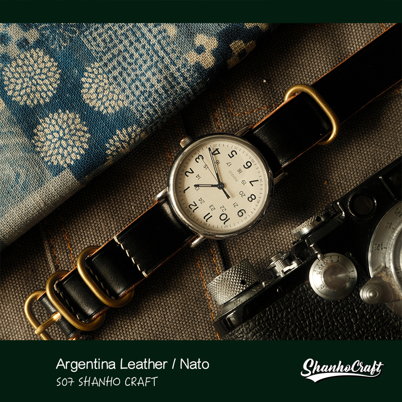 Shanho Nato黑色茶芯养牛表带不锈钢表扣配件手工制作表带复古