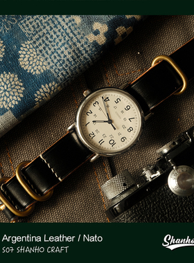 Shanho Nato黑色茶芯养牛表带不锈钢表扣配件手工制作表带复古