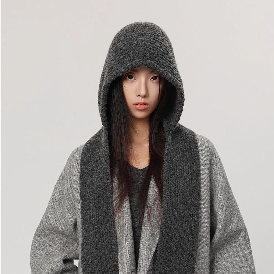 韩系围巾一体针织帽女秋冬季保暖