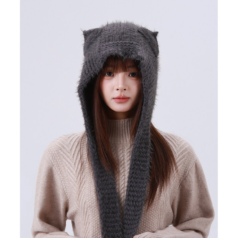 可爱猫耳朵针织帽女秋冬大头围毛线帽保暖护耳巴拉克拉法雷锋帽子