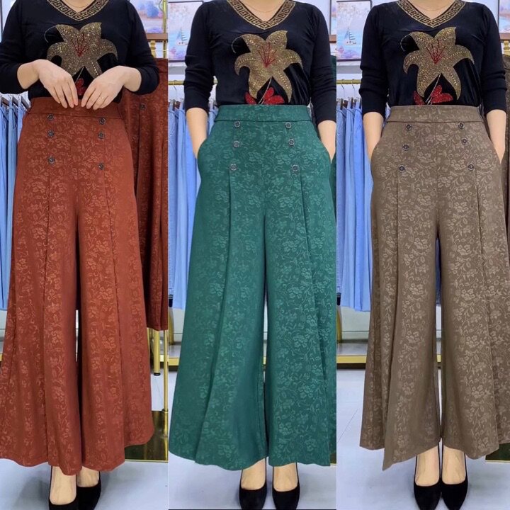 中老年妈妈提花裙裤秋冬新款女裤宽松大脚裤九分高腰大码阔腿裤裙