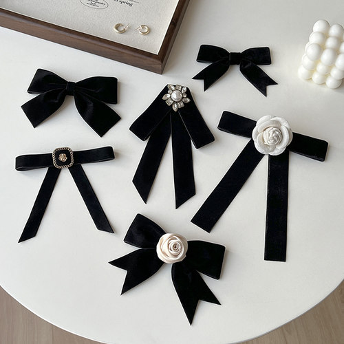 高级感丝绒黑色韩版蝴蝶结领结新