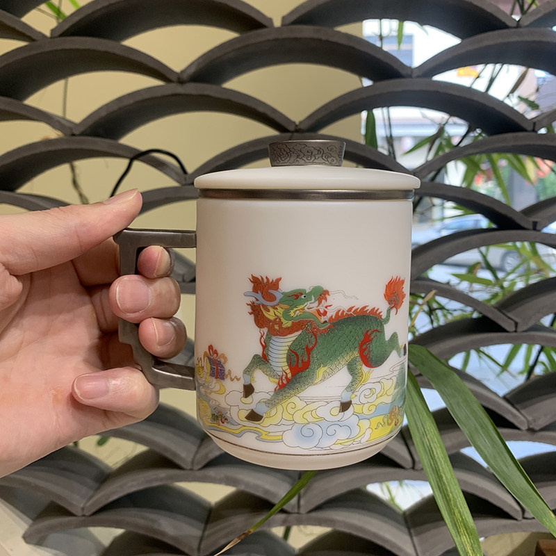 瓷语颠 渡景山房陶瓷白瓷办公杯水杯茶水分离茶杯家用办公室