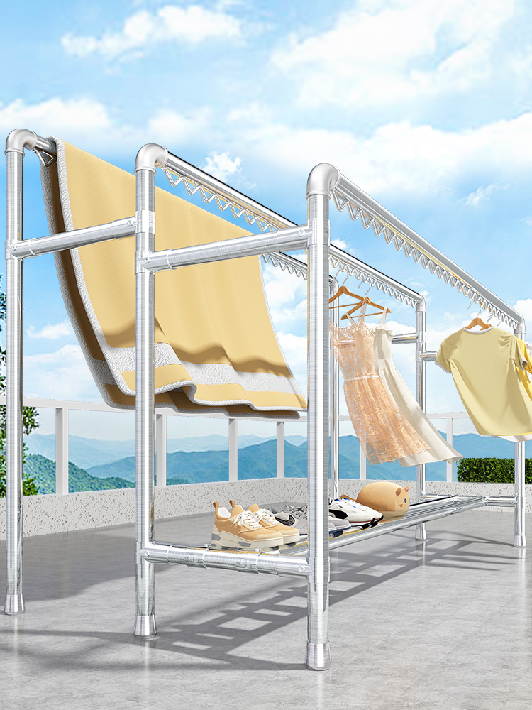 钢管晾衣架落地家用阳台挂衣户外室外简易三杆水管凉衣晒被子神器
