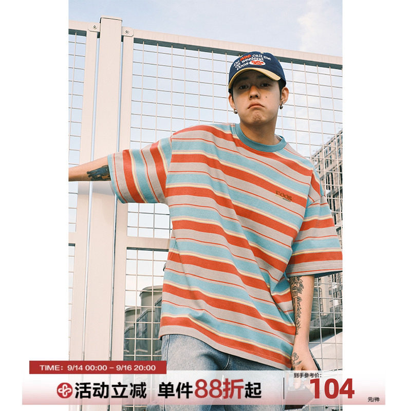 夏日条纹撞色宽松短袖T恤图片