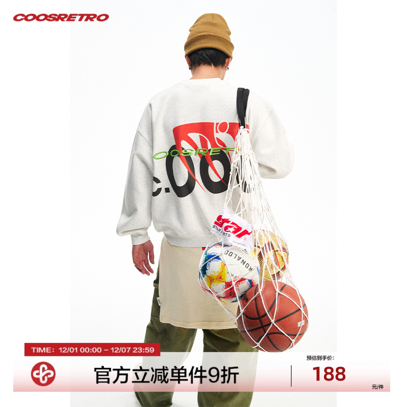 CoosRetro日系简约圆领百搭男骑行立体印花刺绣logo潮流宽松卫衣