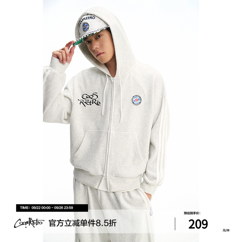 CoosRetro 美式条纹开衫连帽卫衣男秋季潮牌宽松休闲百搭运动外套
