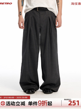 CoosRetro 男士老钱风宽松直筒西裤深灰色双褶设计休闲阔腿长裤男