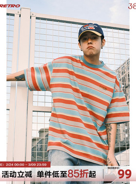 CoosRetro美式复古280g彩色条纹短袖T恤男夏潮牌宽松休闲半袖上衣