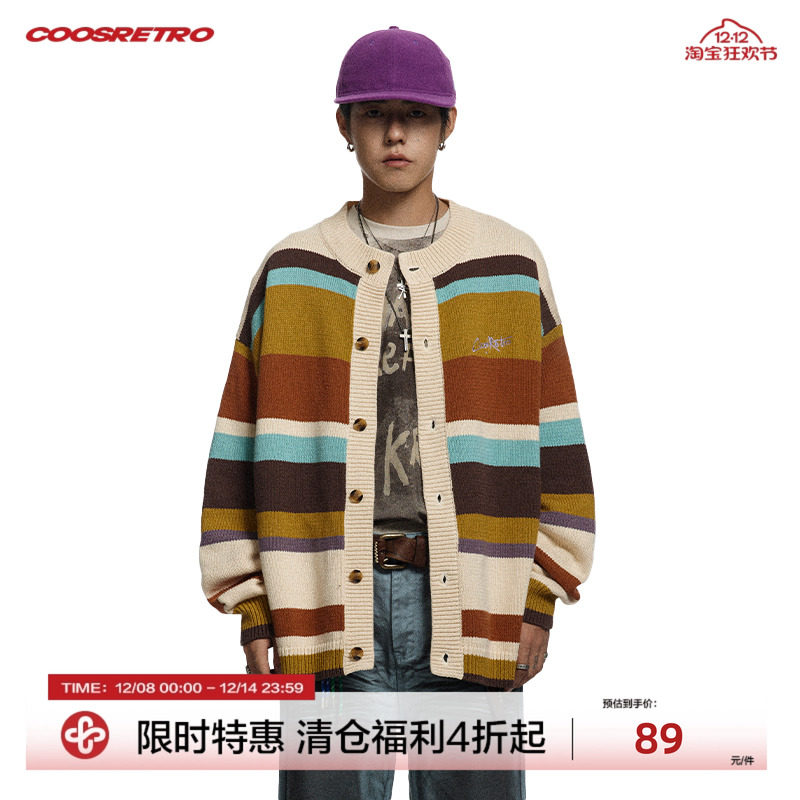 CoosRetro彩色条纹刺绣毛衣开衫