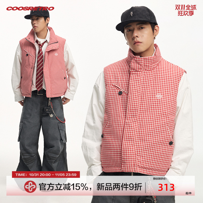 CoosRetro 冬季新款男士格纹logo刺绣多口袋羽绒休闲宽松保暖马甲